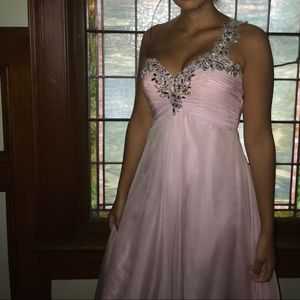 Long one headed shoulder pink prom dress